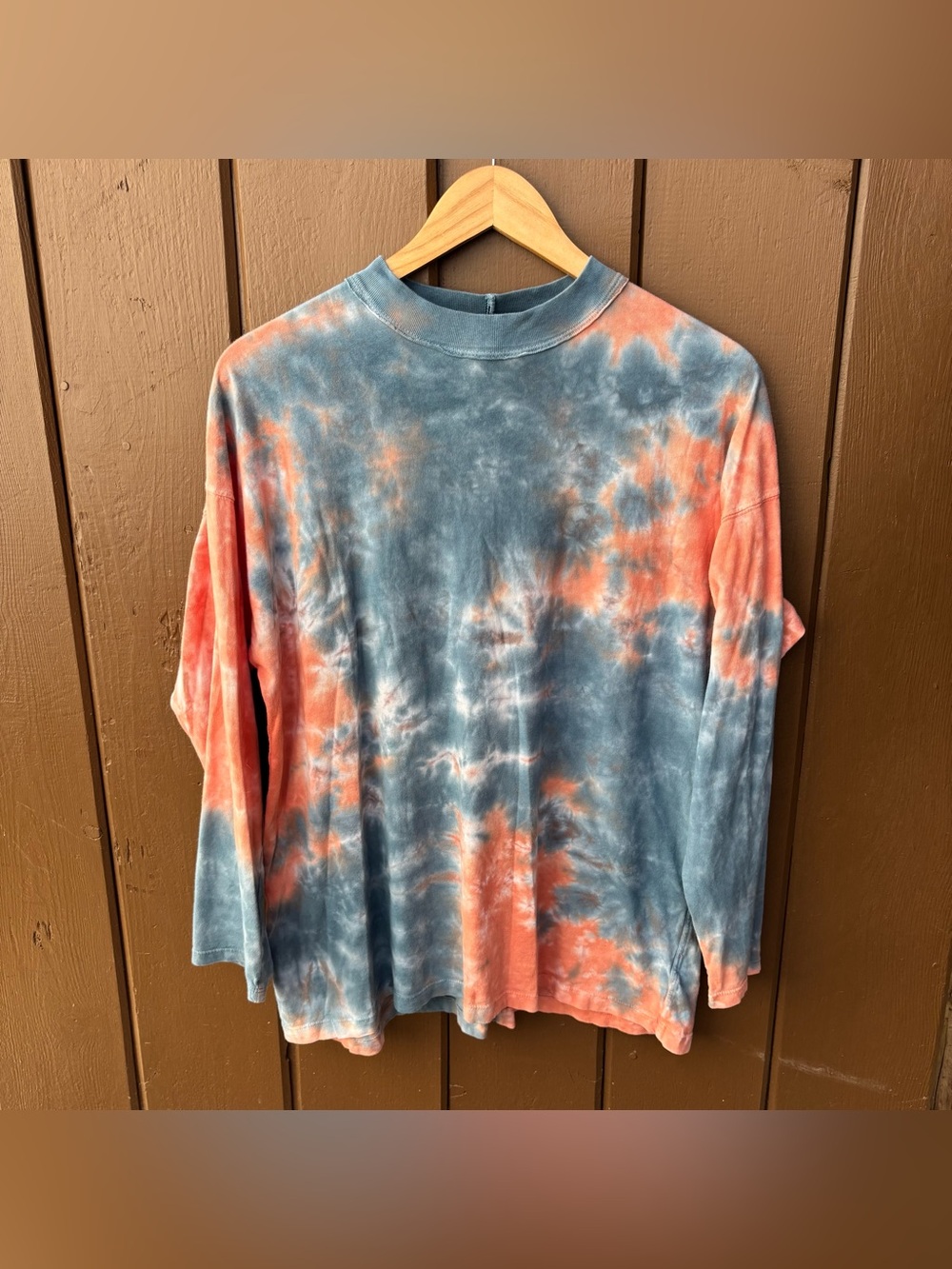 We The Free Free People Tie Dye Long Sleeve Mock Neck Oversized Top Blue Peach